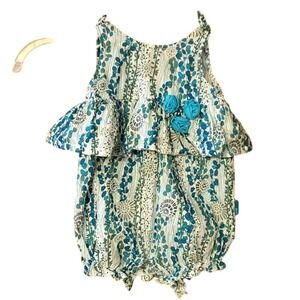 Rabbit Moon Girls Teal Floral‎ One Piece Romper Size 9-12M